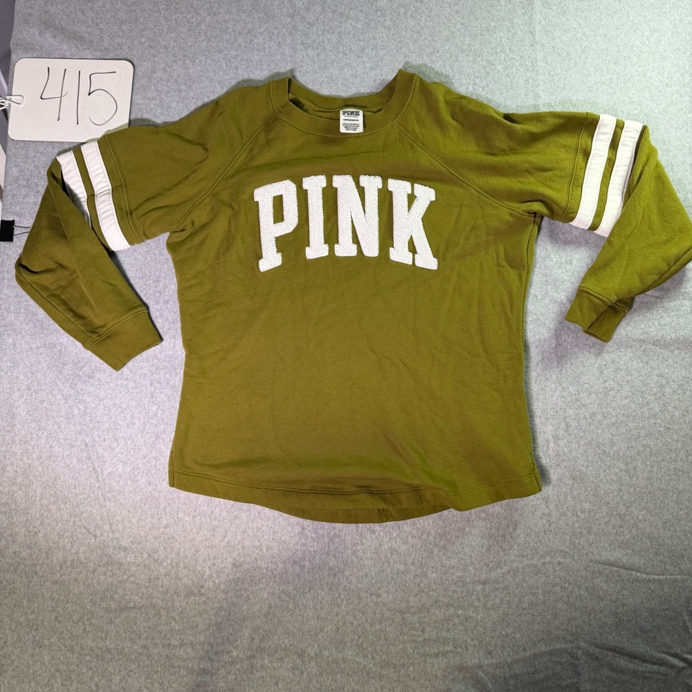 Victoria's Secret PINK Sweatshirt Olive Green Varsity Stripe Crewneck XS 206523